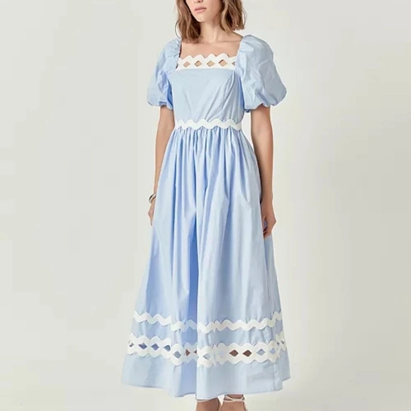 English Factory Dresses & Skirts - English Factory Scallop-Trim Cotton Midi Dress Sz L Blue Ecru Trim Nwt